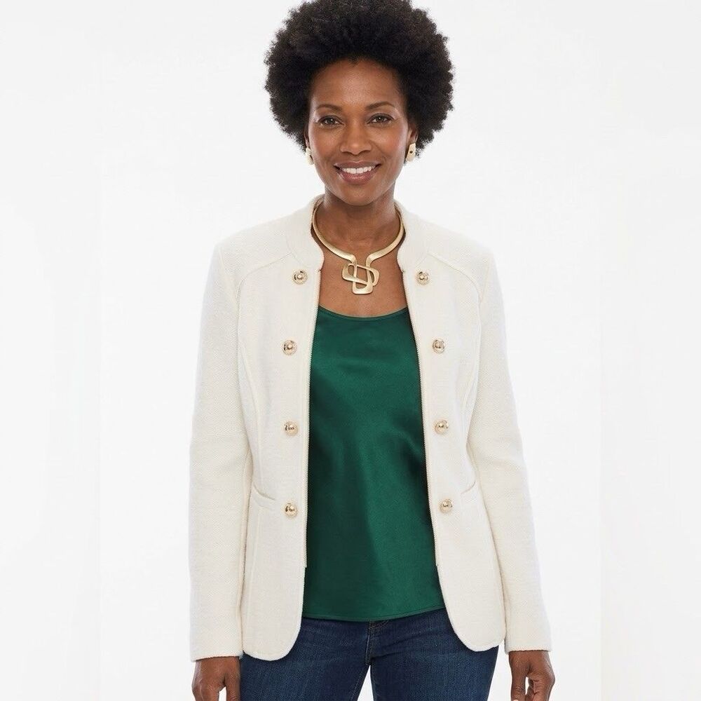 CHICOS Sz 1 (M-8/10) Ivory Military Jacket Boiled Wool Luxury Preppy Old Money